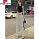 皮爾卡丹（pierre cardin）175高個(gè)子加長(cháng)美式高街淺灰色工裝褲女夏高腰設計感多口袋闊腿褲 米白色加長(cháng)款 M