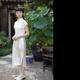 一城風(fēng)絮白瓷之夏夏款東方簡(jiǎn)奢風(fēng)提花單復(fù)古民國風(fēng)立領(lǐng)短袖一片式旗袍 米色提花緞小蓋袖旗袍 XS