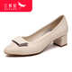 紅蜻蜓女鞋春季新款淺口粗跟皮鞋英倫風(fēng)中跟尖頭職場(chǎng)女鞋 米色 37