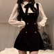 妙奕嘉純欲長(zhǎng)袖連衣裙女裙子黑色衣服女裝新品春秋季新款小個(gè)子氣質(zhì)高級(jí) 假兩件雙排扣蝴蝶結(jié)絲帶連衣裙 M 【建議95-105斤】