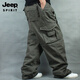 JEEP SPIRIT320斤胖子寬松加肥加大碼休閑褲男士工裝褲多口袋戶(hù)外肥佬長(cháng)褲子 軍綠色 L 195-225斤