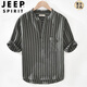 JEEP SPIRIT2025豎條紋短袖T恤襯衣男夏季休閑寬松薄款棉麻中袖立領(lǐng)套頭T恤男 黑色 M