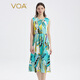VOA桑蠶絲彈力印花圓領(lǐng)無(wú)袖碎褶松緊腰開(kāi)叉沙灘度假休閑連衣裙AD0207 葉上初陽(yáng)（Q80） L