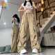 咚憬卡其色hiphop爵士美式工裝褲女夏季設(shè)計(jì)感松緊腰寬松休閑褲子 卡其色 S