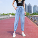 王熙麥天絲牛仔褲女夏天薄款九分直筒高腰寬松2023新款哈倫冰絲老爹褲子 藍色 2XL建議125-140斤