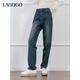 LAGOGO老爹褲復古高腰牛仔褲女拉谷谷2024年冬季新款加絨直筒長(cháng)褲 深牛仔藍 M