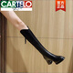 卡帝樂鱷魚（CARTELO）韓版真皮長筒靴女顯瘦法式高筒靴子2025早秋新款秋冬中筒高跟長靴 黑色加絨 37