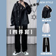 唐號牛仔外套男春秋季2024新款寬松休閑工裝夾克高級感痞帥潮牌男女款 黑色夾克+長(cháng)白T+黑休閑褲+項鏈 3XL