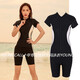 摩登加 大碼泳衣女分體拉鏈短袖運動(dòng)胖mm200斤顯瘦遮肚中腿保守沖浪訓練 8835分體二件套 黑底白邊 L 建議 98-118斤