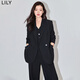 LILY春新款女裝通勤款復(fù)古雙排扣氣質(zhì)時尚休閑西裝外套小個子 510黑 S