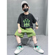 HWHE設(shè)計師品牌短袖T恤男童套裝薄款夏裝新款小男孩兒童運動上衣潮酷 黑色 150 cm