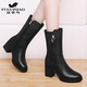 富貴鳥(niǎo)頭層牛皮中筒靴女粗跟2023新款秋冬加絨中跟牛皮媽媽短靴女馬丁靴 黑色FN0224/0389-1加絨 38