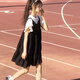 悸囈女大童裙子套裝夏季吊帶連衣裙兩件套裝上衣短袖背帶裙夏天薄款 白色內襯+黑色裙子 150cm 建議體重65-75斤