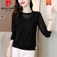 皮爾卡丹（pierre cardin）洋氣黑色蕾絲打底衫女春秋2026新款媽i媽網(wǎng)紗長(cháng)袖T恤秋冬內搭上衣 黑色 XL