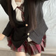 椿奈社原創(chuàng)jk格裙制服秋季原創(chuàng)正版學(xué)院風(fēng)套裝百褶裙子半身裙套裝 大紅格裙+黑西裝+襯衫+領(lǐng)帶+徽章 L