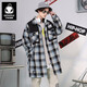 閃電潮牌（GENANX）中長(cháng)款外套男外搭新款莫蘭迪色格紋風(fēng)衣情侶款 杏藍格 M