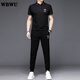 WBWU輕奢品牌t恤男套裝夏季運動(dòng)冰絲POLO 衫翻領(lǐng)短袖休閑高檔上衣服 YY刺繡POLO黑長(cháng)褲套裝 L (建議120-140斤)