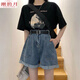 潮韻月胖mm牛仔短褲女大碼高腰a字夏季寬松短褲 圖片色 XL加大碼建議120—135斤