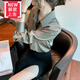 愛夸貓緞面襯衫女上衣女士新款長袖小衫淑女風(fēng)設(shè)計感打底上衣， 醋酸緞 橄欖綠 3XL   130-140斤
