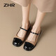 ZHR 則則單鞋女新品春季百搭復(fù)古拼接瑪麗珍鞋二層牛皮鏡面通勤風舒適女鞋 杏色 36