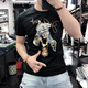 UHUW男裝短袖t恤男圓領(lǐng)夏季新款冰絲燙鉆男士潮流重工印花半袖 黑色 125斤以下(M)