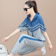 度特朗夏季休閑運動(dòng)套裝女減齡洋氣2026新款時(shí)尚寬松連帽半袖跑步兩件套 藍灰色 M 【建議體重85-99斤】