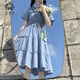 圣雪緹女生圓領(lǐng)連衣裙少女夏裝新款學(xué)院風(fēng)日系小清新可愛甜美中長(zhǎng)裙子夏 藍(lán)色 S