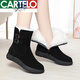 卡帝樂鱷魚（CARTELO）皮毛一體加厚防寒保暖雪地靴女防滑平底羊毛短靴東北加絨大棉鞋女 大氣黑 全牛皮+羊皮毛一體到腳尖 39