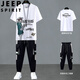 JEEP SPIRIT夏季運(yùn)動(dòng)套裝男裝2025新款青少年高中學(xué)生短袖帥氣穿搭一套衣服潮 816白色套裝(T恤+126褲子) 2XL