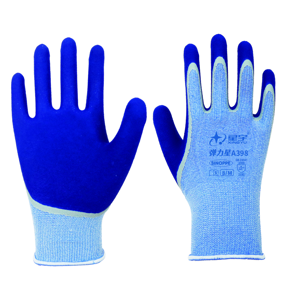 星宇A398彈力星防滑蘭紗蘭勞保工地家用農用工廠(chǎng)防護手套噴鹽工藝 蘭紗拇指全浸 A398彈力星12雙 現貨