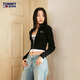 TOMMY JEANS【混紡】春秋季女裝美式復古刺繡翻領肌理感針織開衫外套 【凈色翻領開衫】-黑色BDS S （推薦：100-110斤）