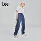 Lee中藍色水洗428懶懶褲高腰女顯瘦寬腿牛仔褲潮流