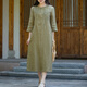 亂在江南刺繡亞麻連衣裙新中式茶服夏季新品復古休閑舒適顯瘦中長(cháng)裙 芥末綠 XL
