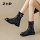 ZHR則則厚底短靴女冬季加絨百搭女靴復古褶皺牛仔靴子女 JF118A 黑色 37 
