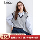 百圖betu女裝秋季新款襯衫小香風(fēng)混色假兩件式襯衣女2409T57 藍色 S