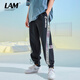 LAMLICKA春季腰果花反光休閑長(cháng)褲男女潮寬松運動(dòng)情侶抽繩束腳針織褲 黑色 L
