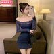 柏潮辣妹一字肩連衣裙女春夏季新款氣質(zhì)內搭緊身顯瘦長(cháng)袖蕾絲包臀裙子 藍色 XS