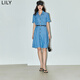 LILY夏新款女裝復古休閑通勤款中長(cháng)款牛仔襯衫連衣裙小個(gè)子女 419牛仔藍 L