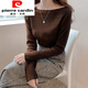 皮爾卡丹（pierre cardin）修身韓版毛衣女秋裝一字領(lǐng)露肩長(cháng)袖早秋新款設計感內搭打底衫上衣 咖色 S