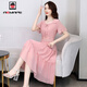 AEMAPE連衣裙女裝2026夏季新款雪紡裙時(shí)尚氣質(zhì)修身收腰顯瘦短袖裙子女 粉色 L _[建議100斤-110斤]