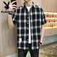 花花公子（PLAYBOY）短袖襯衫男士夏季2025新款格子衫百搭寬松潮襯衣男款修身輕薄外套 黑色 L