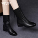 奇普森（QIPUSEN）品牌女靴真皮軟皮圓頭舒適中筒靴女2025冬季加絨保暖時(shí)尚靴子女 黑色（絨里）3cm 38