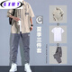 gxmy短袖t恤男夏季薄款休閑穿搭配褲子男士衣服男裝青少年帥氣三件套 K14淺灰襯S+白T+灰褲 XL