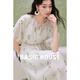 Basic House/百家好碎花萊賽爾連衣裙中長(cháng)款小個(gè)子系帶短袖裙子夏 蝶綠 M