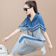 衣捷路（YIJIELO）夏季短袖運動(dòng)套裝女兩件套長(cháng)褲大碼夏天薄款女式寬松休閑跑步服 藍灰-兩件套 XL(適合116斤-130斤）
