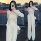 韓璐嬌（hanlujiao）衛(wèi)衣女裝春秋季2025年新款休閑運(yùn)動(dòng)服設(shè)計(jì)感連帽顯瘦闊腿褲套裝女 杏色 L 【建議105-115斤】