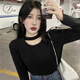 Jret純欲風(fēng)掛脖長(cháng)袖鏤空針織衫女2025秋冬新款上衣套頭寬松打底毛衣女 黑色 M[95-110斤]