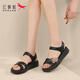紅蜻蜓涼鞋女平底媽媽軟皮軟底民族風(fēng)女士中跟沙灘鞋女WTK240801黑色36