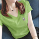 登森奧奧短袖t恤女顯瘦上衣夏季女裝新款休閑韓版V領(lǐng)印花棉體恤T恤女 果綠色冰激凌 2XL 建議120-135斤