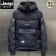 JEEP SPIRIT冬季新款拉鏈工裝羽絨棉服潮流男士連帽短款外套情侶同款套頭棉衣 黑色 XL 130-145斤